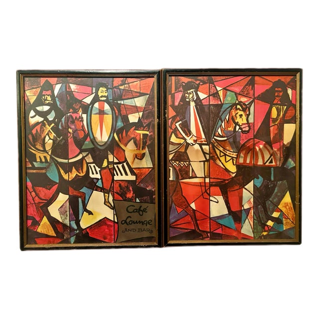 Vintage 1950s Abstract Mid-Century Modern Café Lounge & Bar Framed Print After Peter Ostuni Savoy Hotel Mural - Set of 2 For Sale