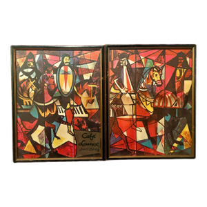 Vintage 1950s Abstract Mid-Century Modern Café Lounge & Bar Framed Print After Peter Ostuni Savoy Hotel Mural - Set of 2