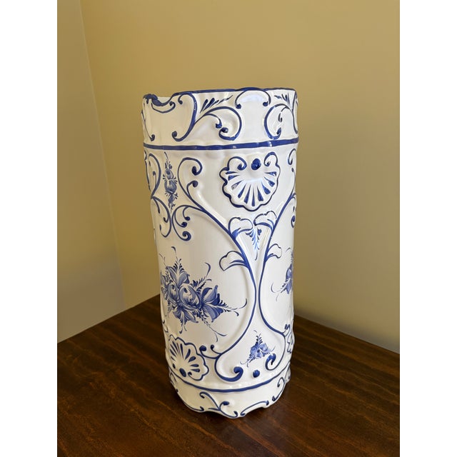 A gorgeous blue and white porcelain umbrella or cane stand with a Delft style hand-painted design Portugal, Circa 1980s...