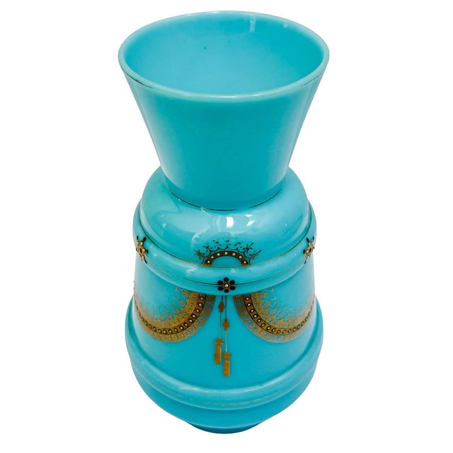 Antique 19th Century French Blue Celeste Opaline Glass Vase With Hand-Painted Jeweled Enamel For Sale In San Diego - Image 6 of 9