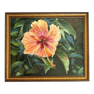Original Signed and Framed Painting on Canvas 'Pretty Hibiscus' For Sale