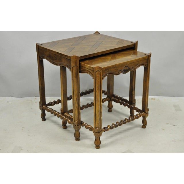 Vintage Baker Barley Twist Oak Parquetry Inlay Nesting Step Lamp Side Tables For Sale - Image 15 of 15