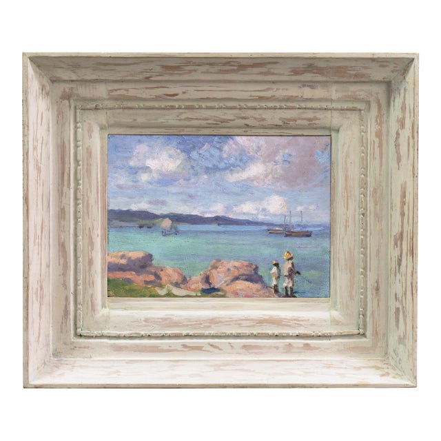 'Coastal Fishing', Mid-Century Modern Oil, Island Landscape, Cerulean Blue, Circa 1945 For Sale