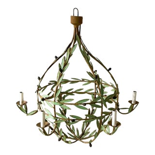 Mid-Century Monumental Italian Tole Chandelier With Leaves and Olives, 6 Arms For Sale