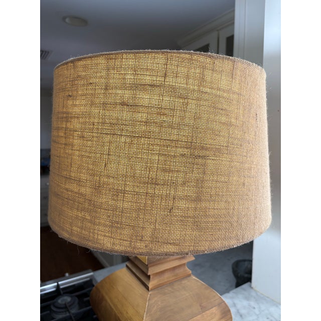 Chunky Wooden French Baluster Style Table Lamp With Burlap Drum Shade for Ralph Lauren, Ranch, Rustic, Cottage Core & Equestrian Style Decor. See Pics For Sale - Image 9 of 9