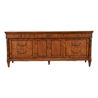 French Regency Louis XVI Carved Walnut Long Dresser or Credenza by Metz, 1960s For Sale