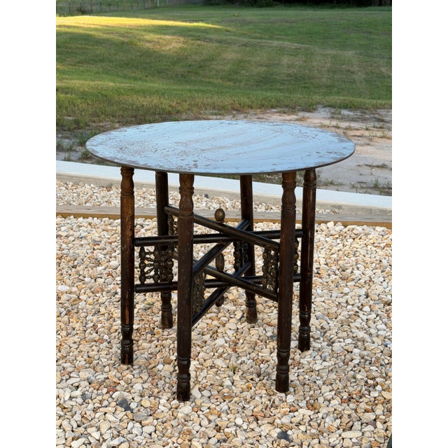 1960s Industrial Moroccan Side Table With Round Raw Steel Top + Weathered Folding Base For Sale - Image 5 of 16