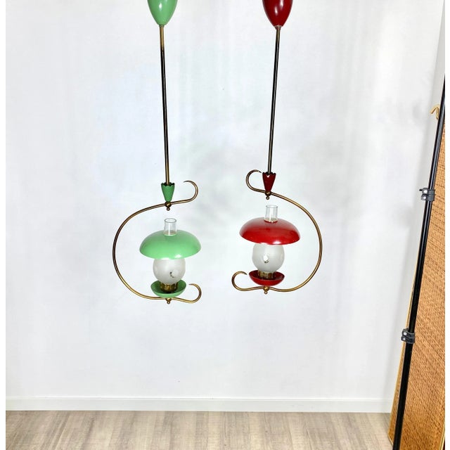 Green & Red Metal & Brass Pendant Light, Italy, 1950s, Set of 2 For Sale - Image 3 of 10