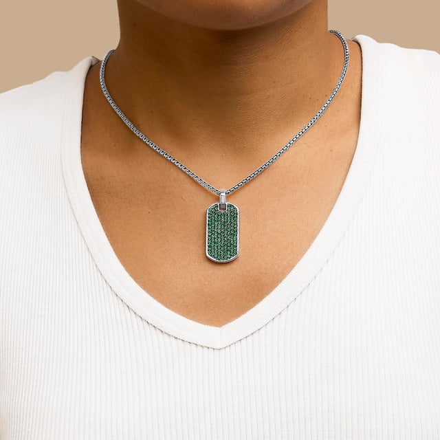 Men's .925 Sterling Silver Created Green Emerald Dog Tag Pendant Necklace - 22" Inches For Sale - Image 4 of 5