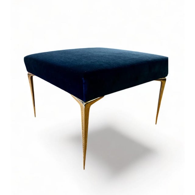 Mid-Century Modern Colette Ottoman in Navy Velvet With Solid Brass Stiletto Legs For Sale - Image 3 of 6