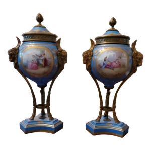 Antique Pair of Signed Sevres Urns Bronze Heads