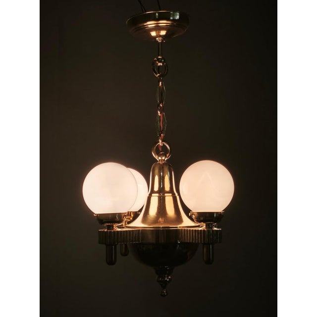 1920s Vintage Czech Art Deco Brass and Opaline Glass Globe Pendant Light, 1920s For Sale - Image 5 of 15