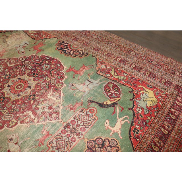 Green Hunting Animal Doroksh Persian Distressed Rug , 10'2'' X 12'10'' For Sale - Image 12 of 15