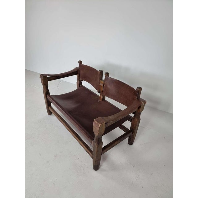 Spanish Brutalist Safari Bench in Brown Leather For Sale - Image 10 of 14