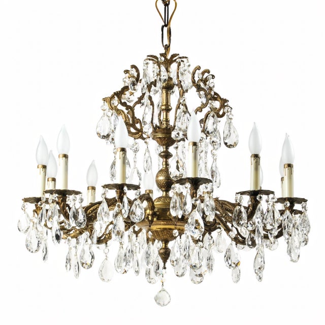 Glass Large Vintage Brass and Crystal Chandelier 12 Arms For Sale - Image 7 of 17