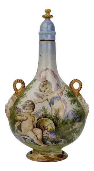 Antique Ginori Istoriato Style Italian Maiolica Pottery Pilgrim Flask & Stopper