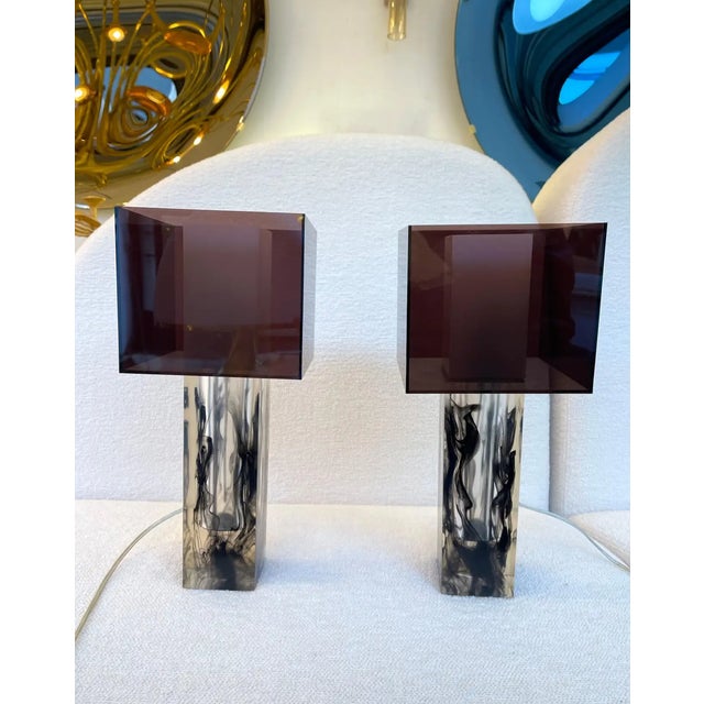 Ateljé Lyktan 1990s Pair of Lucite Cube Table Lamps For Sale - Image 4 of 7