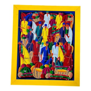 Signed Haitian Market Scene Folk Art Painting in Yellow Frame, 26" For Sale