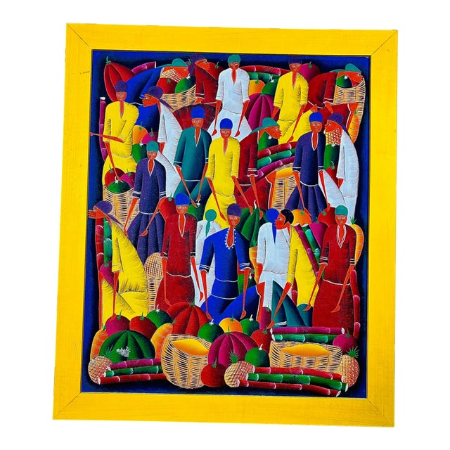 Signed Haitian Market Scene Folk Art Painting in Yellow Frame, 26" For Sale