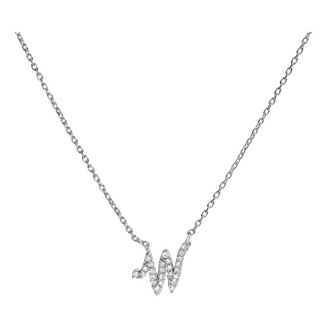 10K White Gold Diamond Accent "W" Initial Script Style Pendant Necklace For Sale