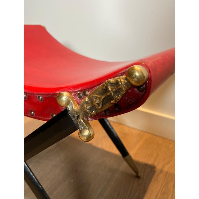 Red Early 20th Century Neoclassical style Curule stool in red leather and decorated with a crossed sword For Sale - Image 8 of 12