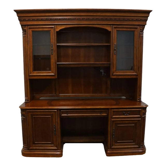 High End Cherry Contemporary Traditional Style 80" Computer Desk / Credenza W. Storage Display Hutch For Sale