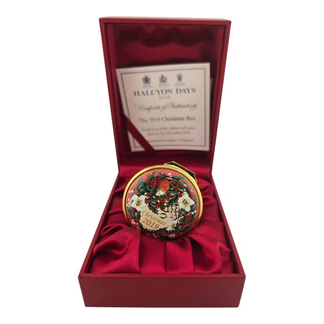 Halcyon Days 2019 Christmas Enamel Box With Certificate in Red Gift Box For Sale