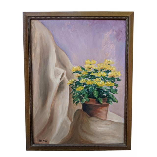 Vintage Still Life Painting of Spring Yellow Mums in a Terracotta Planter Pot Painted on a Canvas Panel Framed and Signed...