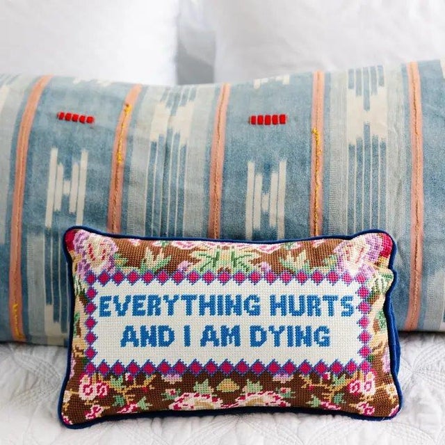 Kenneth Ludwig Chicago "Everything Hurts" Needlepoint Decorative Pilow For Sale - Image 4 of 4