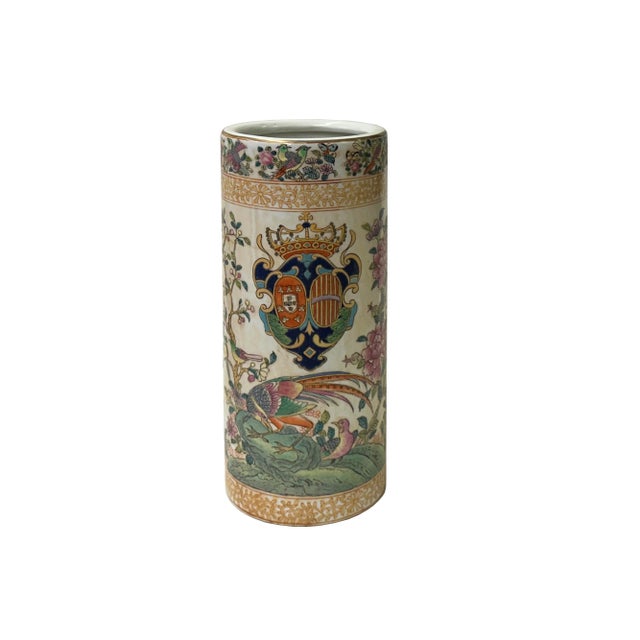 1970s Vintage Chinese Western Flags Flower Birds Graphic Column Vase Holder For Sale - Image 5 of 6