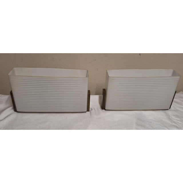 Vintage Minimalist Wall Lamps with Brass Brackets and Opaque White Fluted Glass Shades, 1960s, Set of 2 For Sale - Image 4 of 12