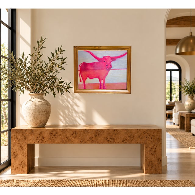 An original oil painting by Tatiana Duperault, signed on the back. A hot pink longhorn steer with dramatic horns stands...
