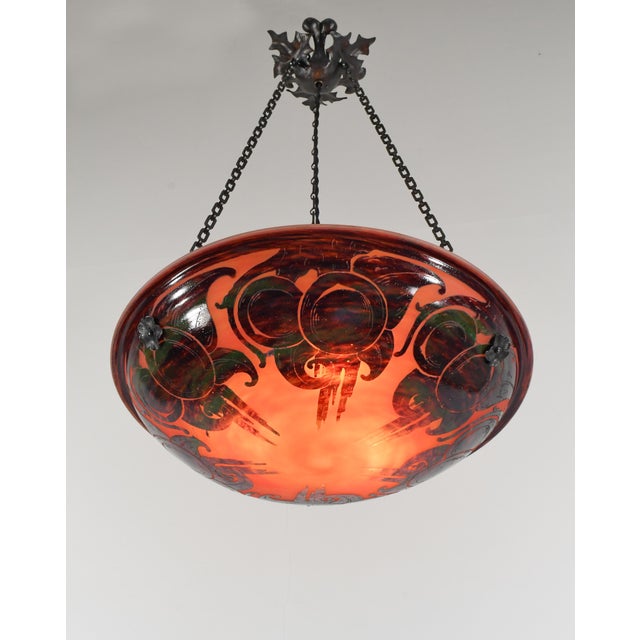 Art Deco French Art Deco Pendant Light by Le Verre Francais Schneider - 1925 Cameo Chandelier France For Sale - Image 3 of 12
