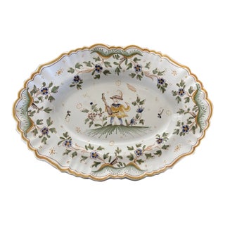 Vintage Mid 20th Century French Hand Painted Moustiers Whimsical Platter Green and Gold For Sale