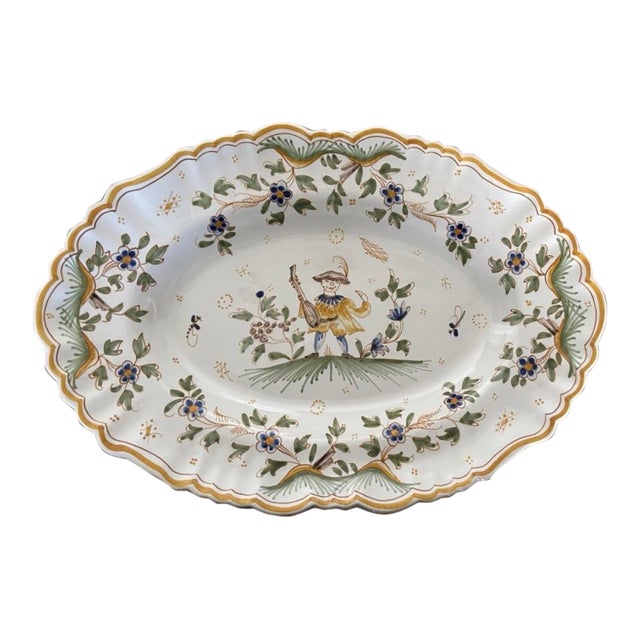 Vintage Mid 20th Century French Hand Painted Moustiers Whimsical Platter Green and Gold For Sale