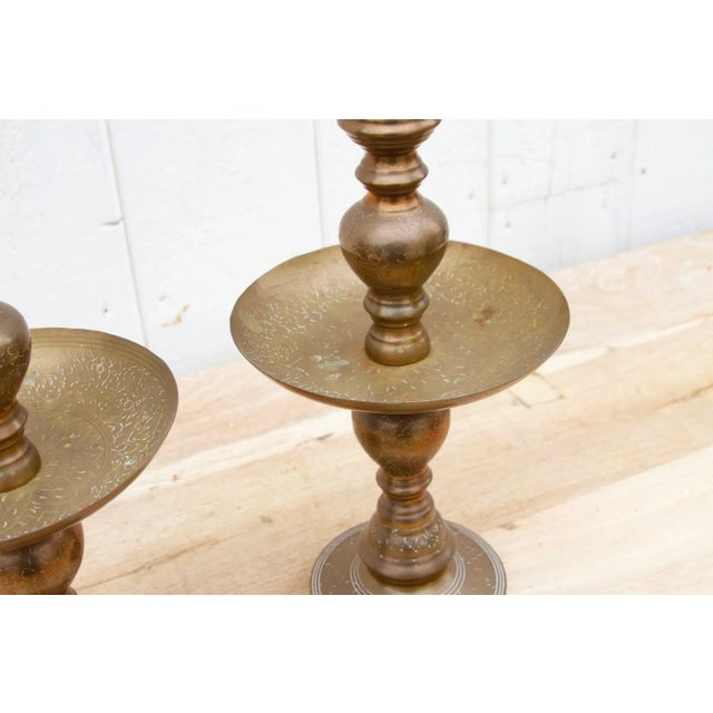 Metal Traditional Indian Brass Engraved Candle Holders For Sale - Image 7 of 8