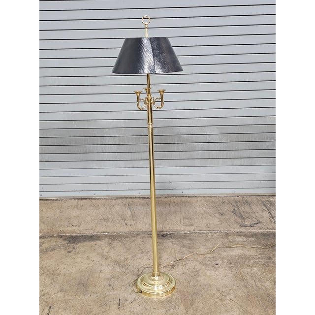 Late 20th Century Late 20th Century 3 French Horns Bouillotte Brass Floor Lamp W Black Shade For Sale - Image 5 of 7