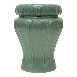 Arts & Crafts Style Sage Green Ceramic Vase With Leaf Motif by Haeger For Sale