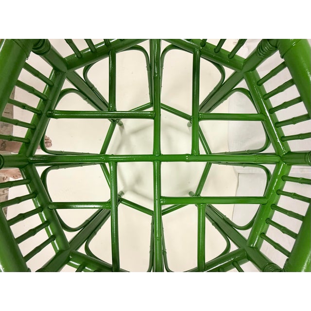Vintage Brighton Pavilion Bamboo Green Octagonal Dining Table With Glass Top - Newly Painted For Sale - Image 9 of 12