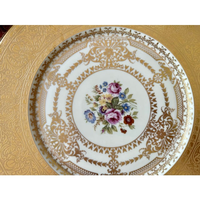 1920s Czechoslovakian Six Gold Encrusted Porcelain Plates | Antique Dinner Plates I Bohemian I Housewarming I Art Deco I Gold Gilded Border For Sale - Image 12 of 14