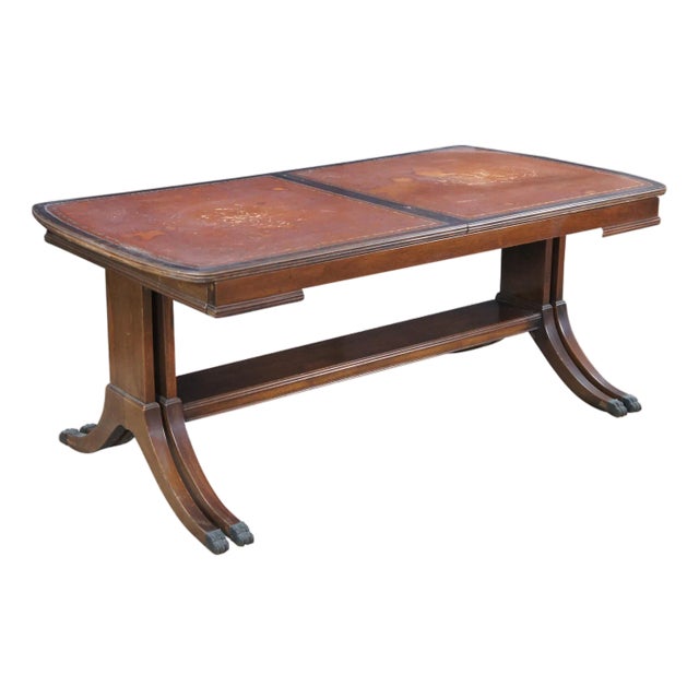 Mid 20th Century Duncan Phyfe Mahogany Tooled Leather Extendable Coffee Table 40-64" For Sale