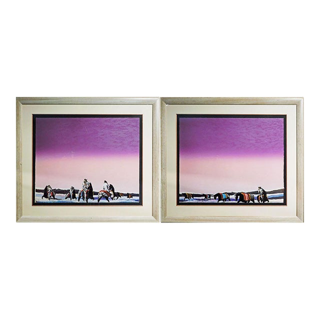 Earl Biss "Horse Thieves at Dusk" Purple Color Sky Custom Framed Hand Signed For Sale