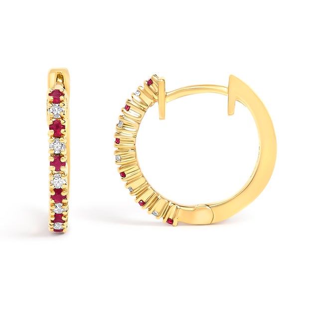 Contemporary 10K Yellow Gold Alternating Diamond and Red Ruby Huggy Hoop Earrings (I-J Color, I1-I2 Clarity) For Sale - Image 3 of 5