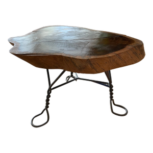 Farmhouse Live Edge Marblewood Hairpin Shelf Stand With Metal Tripod Harpoon Legs