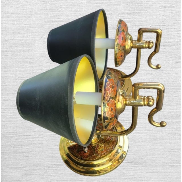 Chinoiserie Vintage Brass Cloisonne Black Red Chinoiserie Wall Sconce Lamps- A Pair For Sale - Image 3 of 10