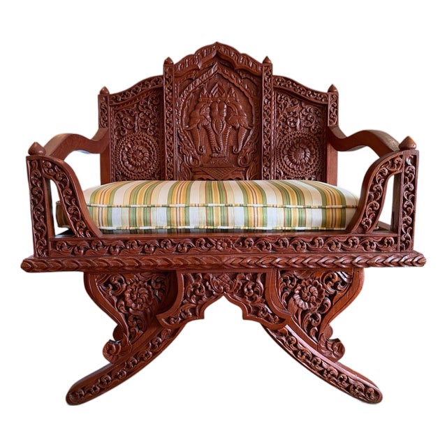 Vintage Thai Hand-Carved Teak Elephant Motif Settee / Currule Chair For Sale