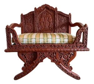 Vintage Thai Hand-Carved Teak Elephant Motif Settee / Currule Chair