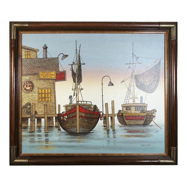 Late 20th Century H. Hargrove Signed Serigraph Harbor Fishing Boats Fish Market Framed For Sale