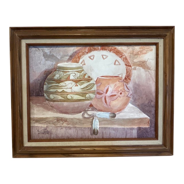 Vintage Myung "Mario" Jung Original Southwestern Pottery Still Life Sand & Oil Painting - Framed 16x20 For Sale