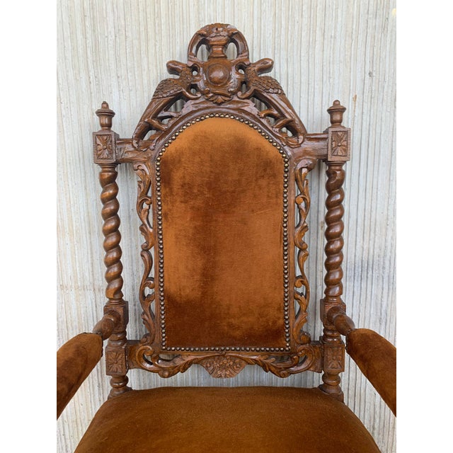 Brown Early 20th Century Vintage Louis XVI Style Spanish Pair of Carved Walnut Armchairs - a Pair For Sale - Image 8 of 13